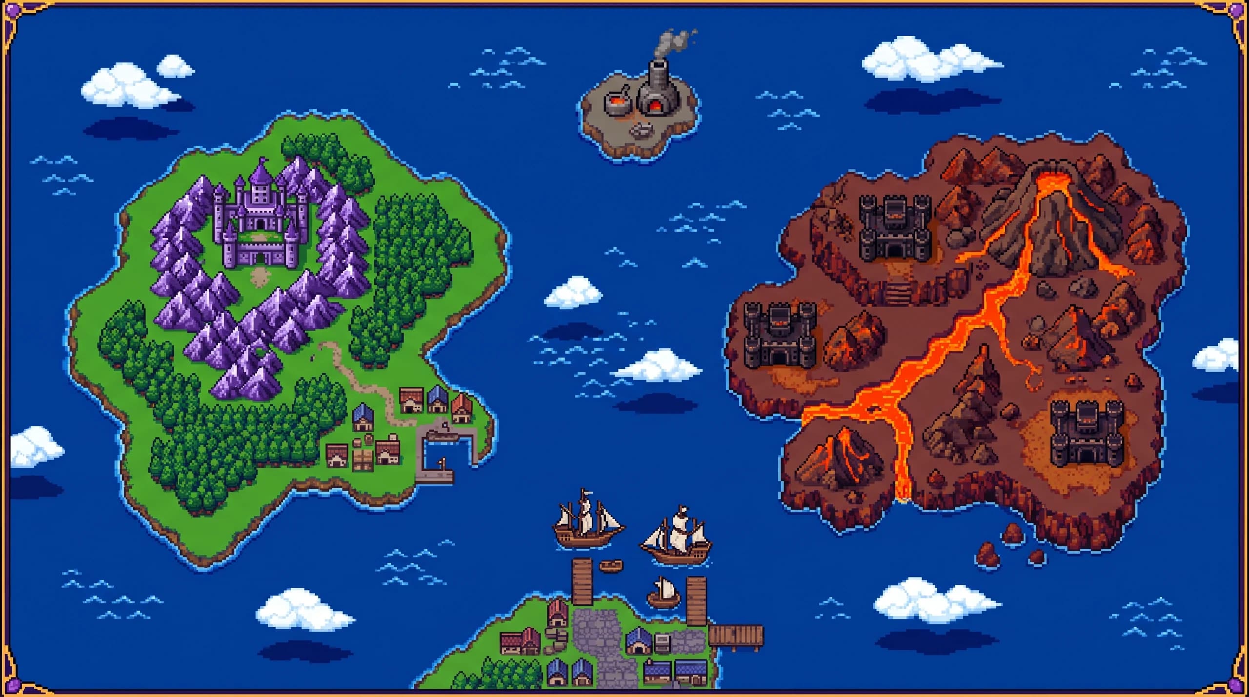 The TUSST world map: the Isle of the Builder, the Rusted Isle, the Harbor and the Forge islet
